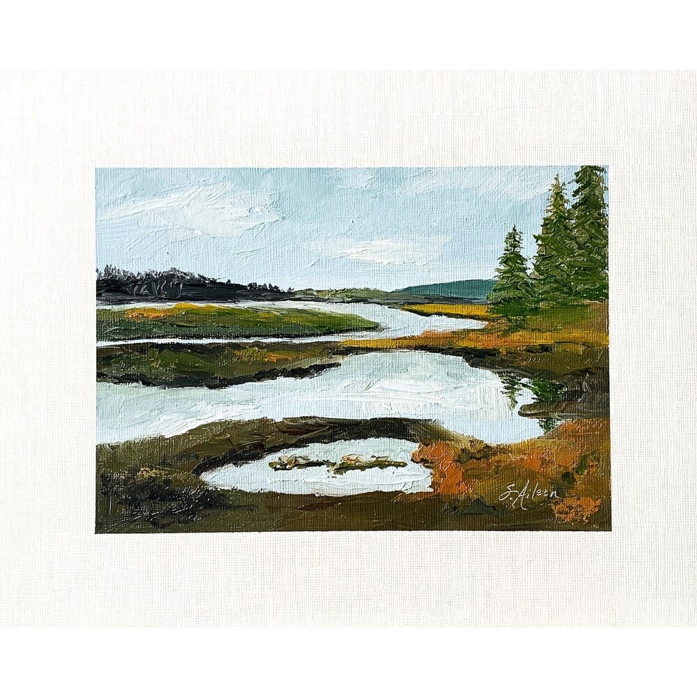 8x10 Original Oil Painting Maine Bass Harbor Marsh Coastal New England Signed